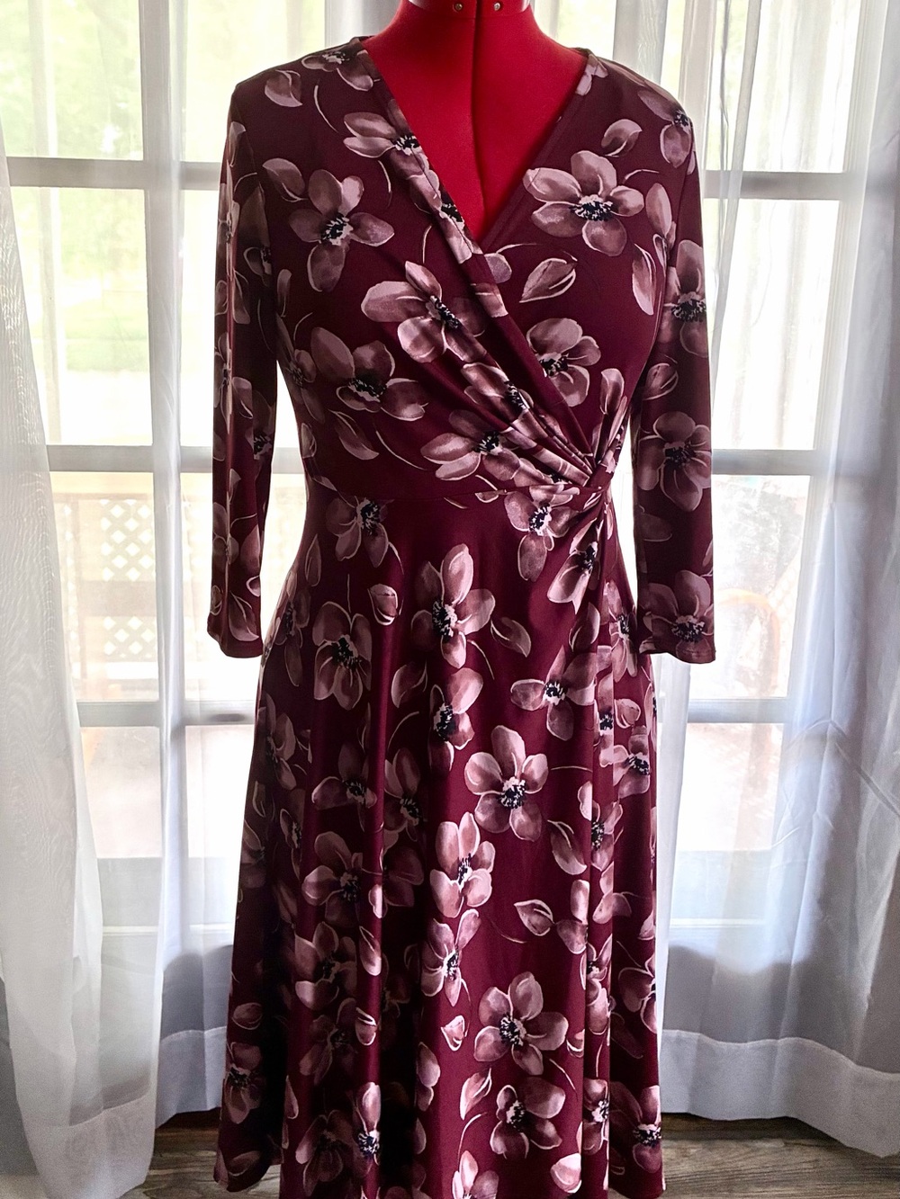 Perceptions Burgundy Floral Wrap Midi Dress